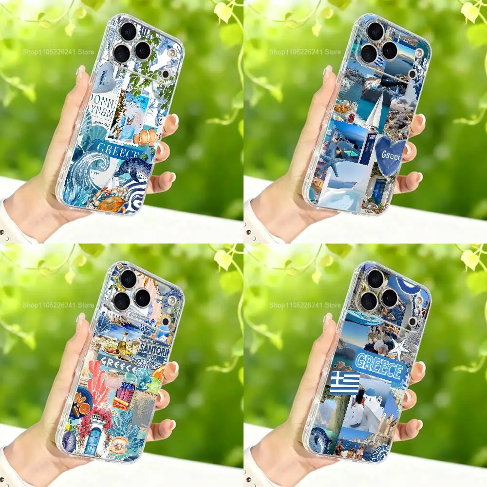 Blaue Kunst griechische Ägäis Handyhülle für iPhone 14,13,12,11,17,16,15,Pro,Max,Plus,X,XS,XR,SE,Mini transparente Softcover