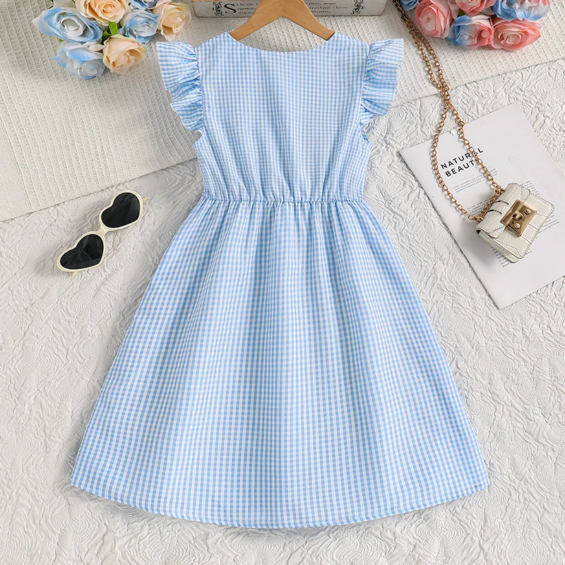 Plaid Dress For Kids Girls Light Blue V-neck Wing-Sleeve Button-Trim Knee-Length Gingham Dress Adorable Kids Clothes Modest Gown