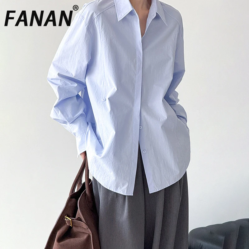 

FANAN Office Lady Solid Shirts For Women Lapel Single Breasted Long Sleeve Temperament Gathered Waist Blouses 2025 Autumn New