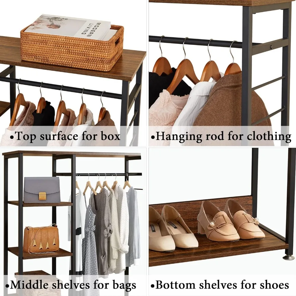 Open Garment Clothing Rack, Free-Standing Heavy Duty Storage Closet with 5 Shelves and Hanging Rod for Small Spaces