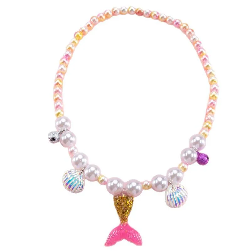 Girls Mermaid Shell Pearl Necklace Jewelry Pearl Necklace Bracelet Ring Ear Clips Shell Fish Tail Mermaid Pendant Jewelry Set view 5