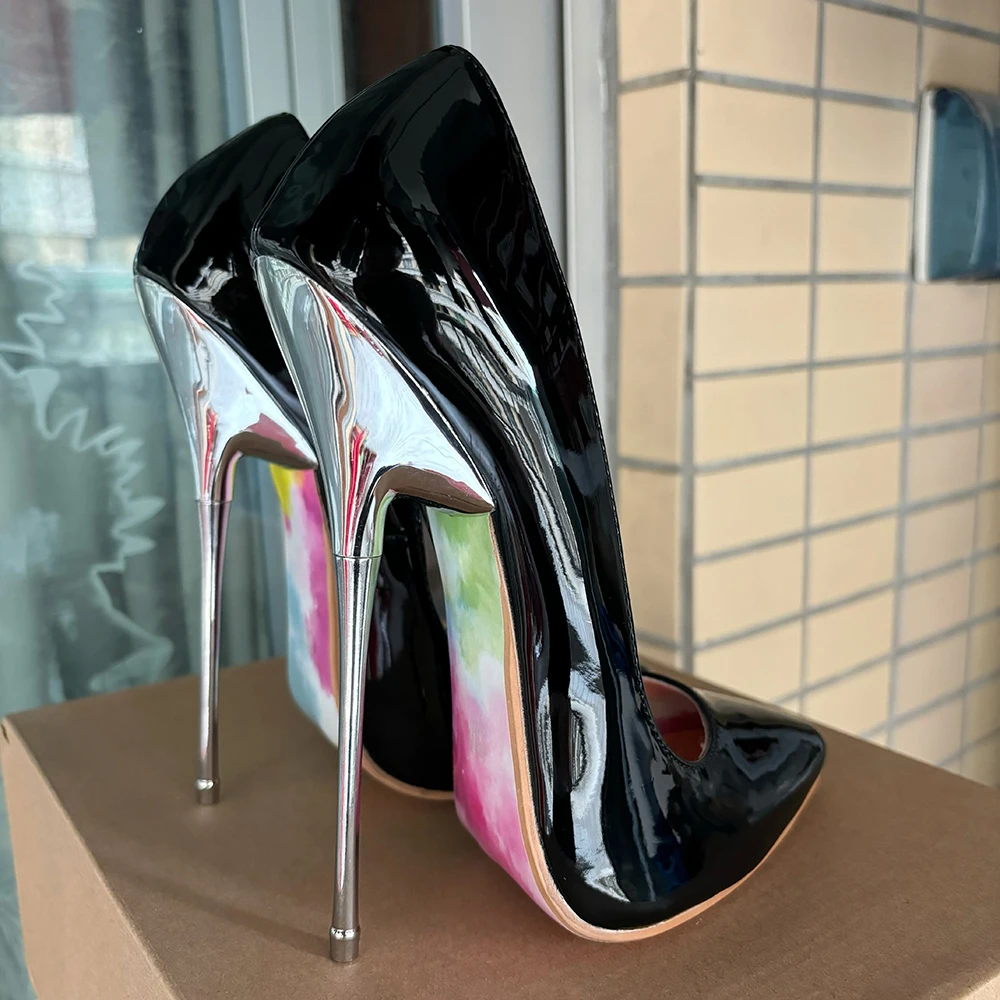 Nowo 16cm Extreme High Heels Black Stilettos Sexy Women Shiny Silver Plated heel Pumps Fetish Catwalk Model Man Shoes Size35-46