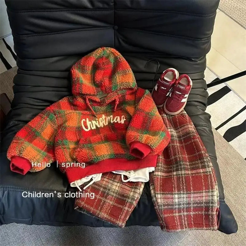 Kawaii النسخة الكورية كنزة بغطاء رأس من الصوف مجموعة الفتيان الفتيات مقنعين Kawaii معطف غير رسمي القمم صغيرة متوسطة الحجم الأطفال السراويل قطعتين #2