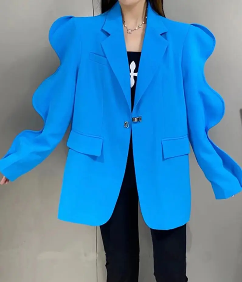 Flounce Design Suit Jacket Women\'s Autumn New Fashion Loose Notched Single Button Long Sleeve Blue Blazer s416