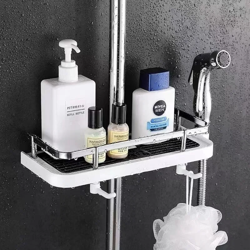 Bathroom Shower Storage Rack Organizer No Drilling Lifting Rod Shower Head Holder Shower Gel Shampoo Tray Holder Pole Shelves