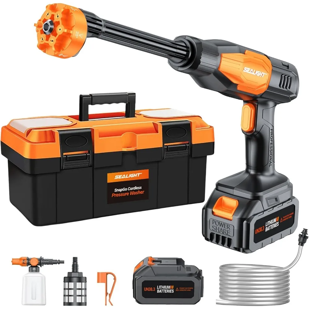 

Беспроводная мойка высокого давления SEALIGHT Аккумуляторная мойка, аккумуляторная мойка мощностью 970 фунтов на квадратный дюйм с аккумулятором емкостью 3,0 Ач, насадкой 6-в-1 и пеной