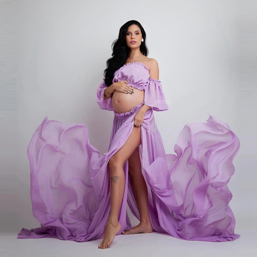 

Classic Chiffon A Line Maternity Dresses Two Pieces Lavender Side Slit Pregnant Women Gowns Pretty Photography Gowns