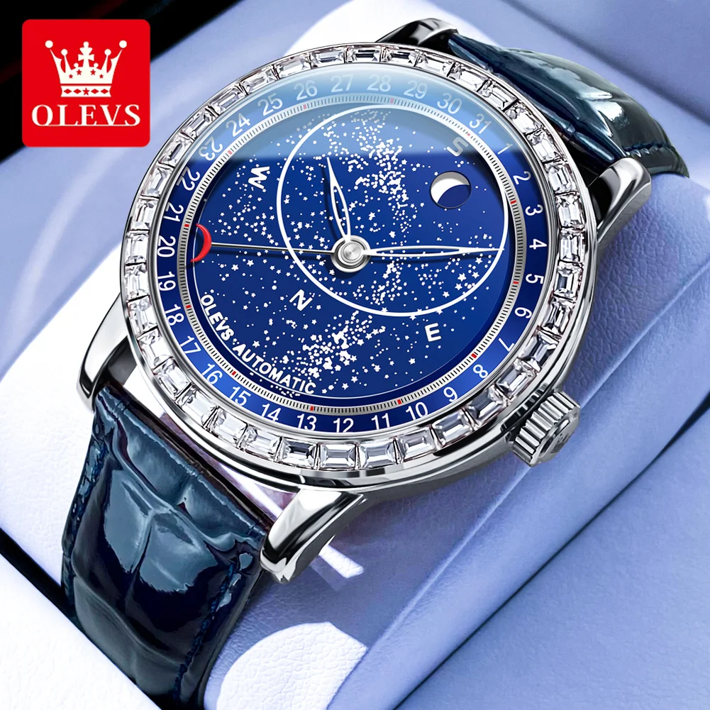 OLEVS 9923 Starry Sky Automatic Mechanical Watches for Men Original Luxury Leather Strap Waterproof Moon Phase Compass Man Watch