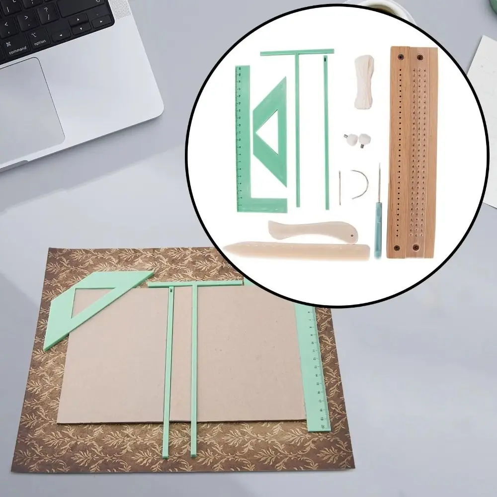 Set Penggaris Penjilid Buku Tangan Kit Penjilid Buku Panduan Pemotong Stensil Hebat dengan Alat Peninju Jarum Alat Buku Tempel