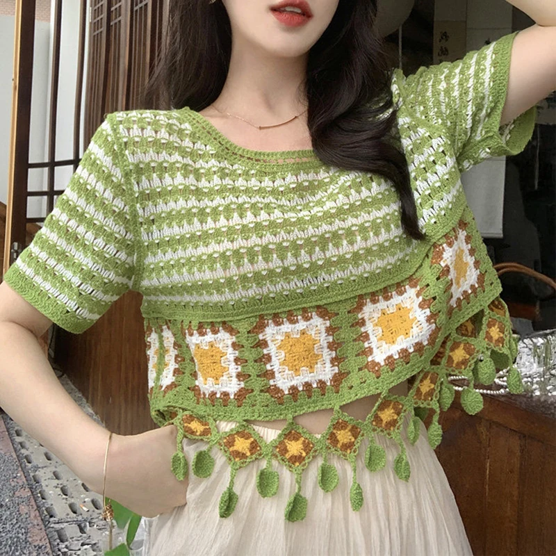 

Short Sleeve Granny Squares Crochet Top Fringed Hollow-Out Knit Top Pullovers Women Cottagecore Beach Boho Spring Summer 2026