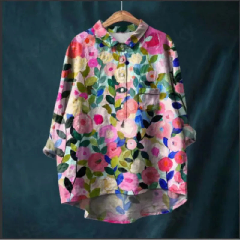 2024 European and American Style Women\'s Shirt Autumn New Long Sleeved Floral Fashion Fersatile Collared Shirt