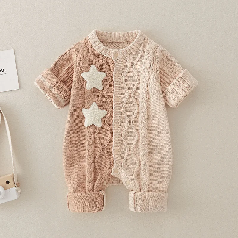 

2025 Autumn Infant Baby Boy Rompers Knitted Five-pointed Star Jumpsuits Newborn Boy spliced single-breasted Toddler Boy Bodysuit