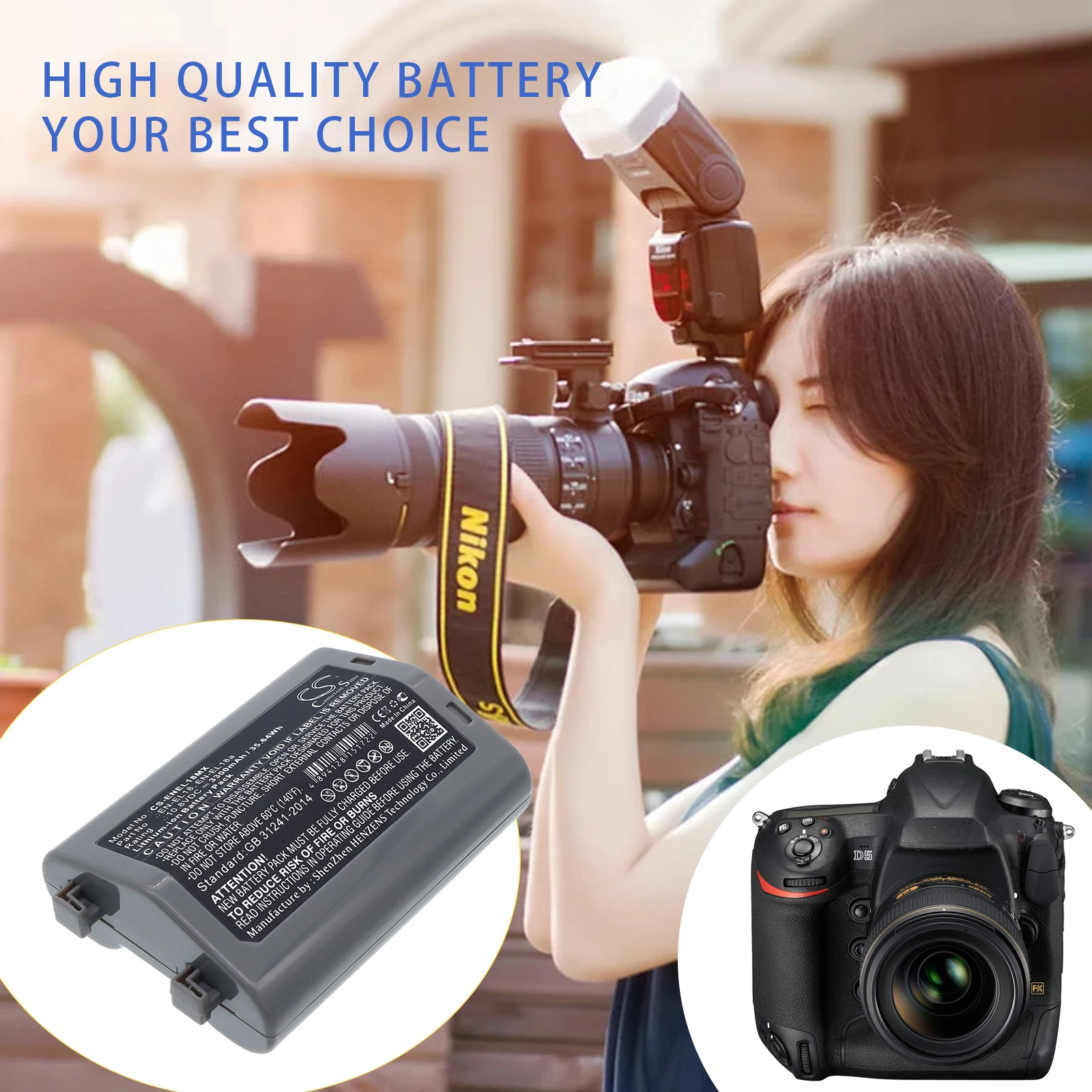 

Camera Battery For Nikon:EN-EL18,EN-EL18a,D4 DSLR,D4S,D5,D800,D800E,D810,D810A,D500,D850,--3300mAh / 35.64Wh--Li-ion--10.80V