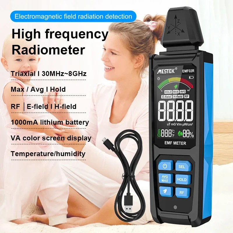 EMF Meter High Frequency 30MHz~8Ghz Electromagnetic Field Radiation Detector USB Type-C Gauss EMF Tester Dosimeter