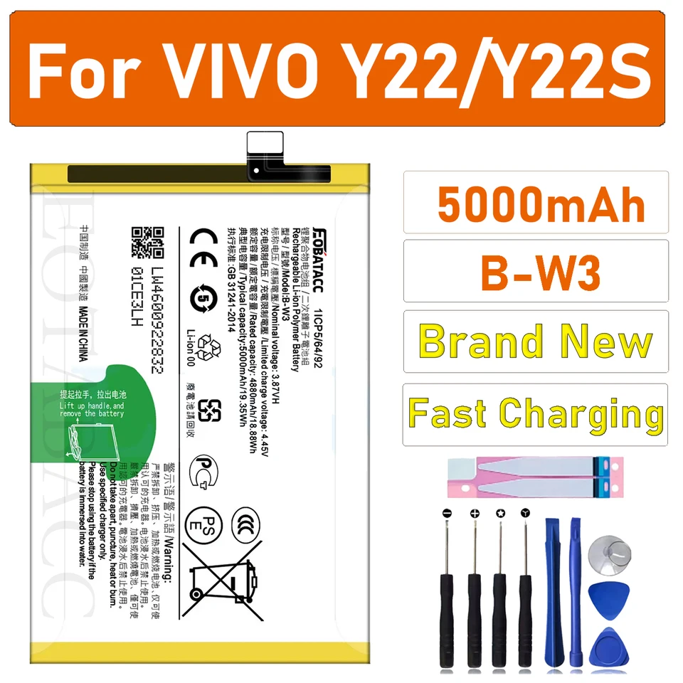 2026 EOBATACC Nueva Original 5000mAh B-W3 Batería para teléfono Vivo Y22 5G/Y22S Baterías de repuesto para teléfonos móviles