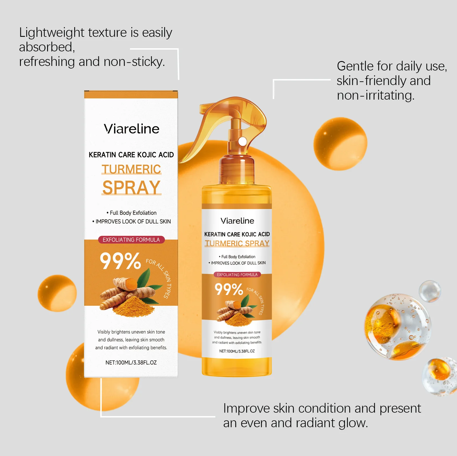 Viareline Spray esfoliante alla curcuma Ridurre i pori Ridurre la melanina Schiarire duraturo Rimuovi la pelle morta Controllo dell'olio Olio detergente per il corpo
