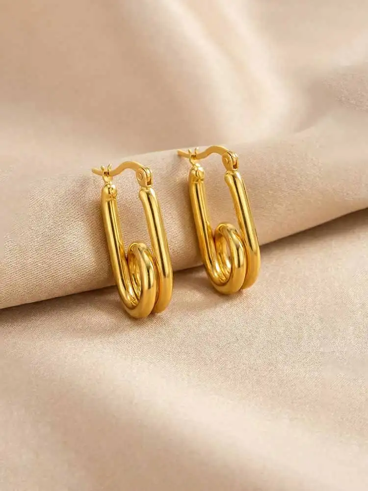 Trendy Double Row Paperclip Hoop Earrings for Women, 18K Gold Plated Stainless Steel, Chunky Oval Geometric Jewelry