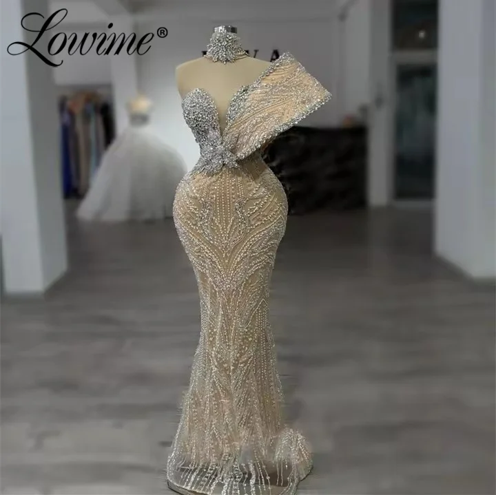 

Lowime Arabic Champagne Evening Dress Elegant Mermaid Prom Dresses Customized 2026 Crystals Long Party Gowns Robes De Soiree