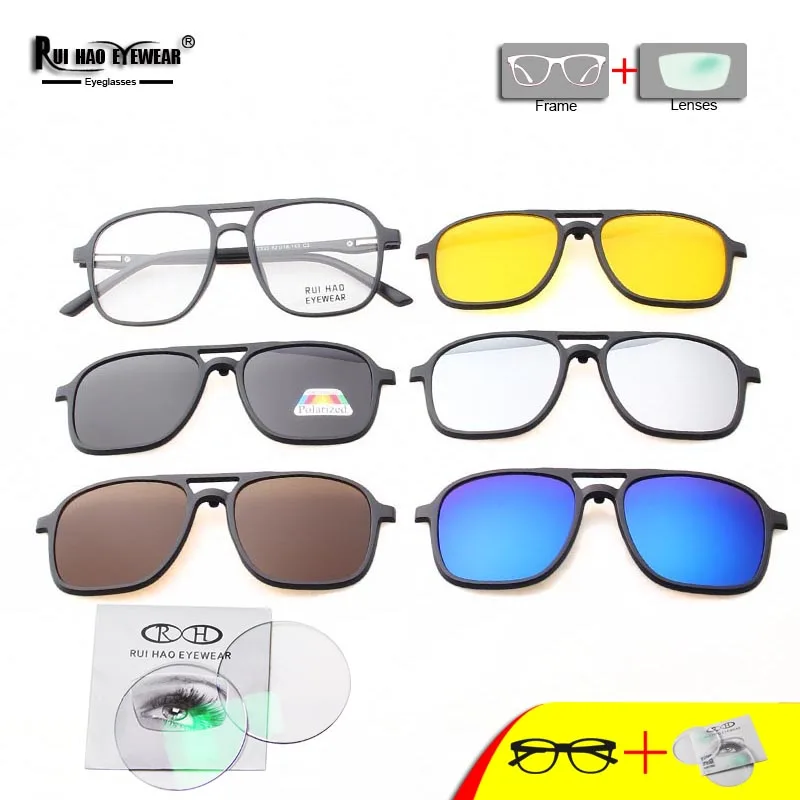 Double Beam Eyeglasses With 5PCS Clip on Sunglasses Customize Prescription Glasses Men Recipe Eyewear Fill Resin Lenses 2333