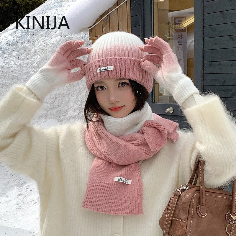 3 قطعة التدرج اللون محبوك قبعة وشاح قفازات مجموعة للنساء في الهواء الطلق يندبروف الدافئة ركوب التزلج مجموعة قبعة صغيرة الكورية