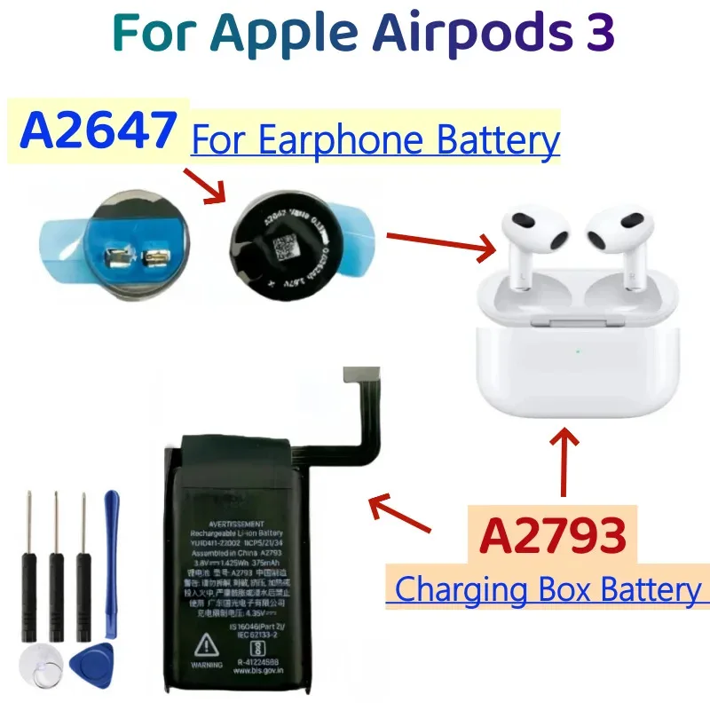 

A2647 Replacement Battery For Apple Airpods 3 A2564 A2565 For Air Pods 3 Rechargeable Batteria A2793 with Tools