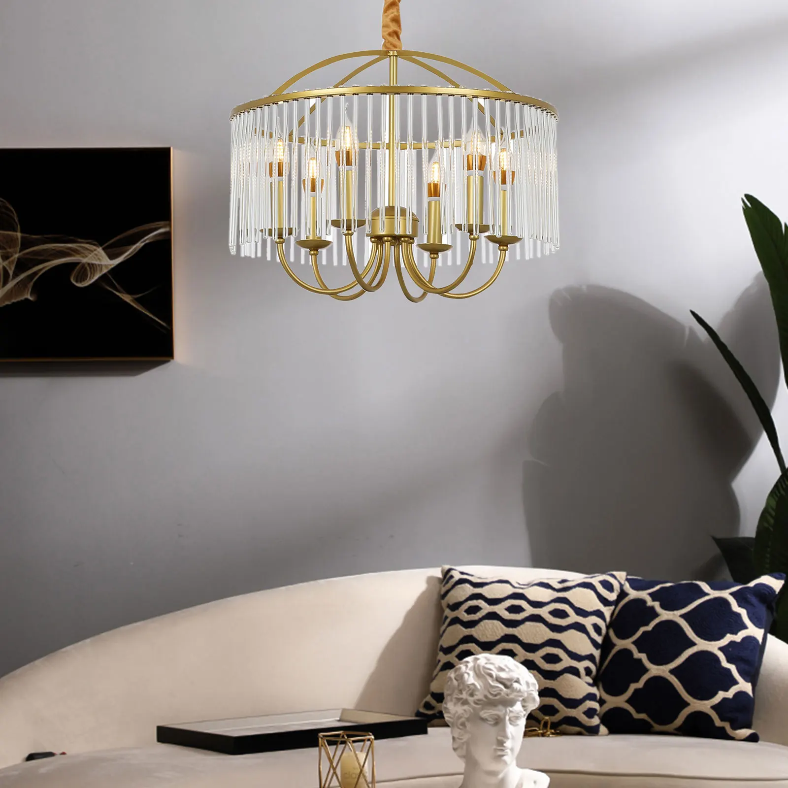 

6-Light Modern Gold Pendant Light Crystal Glass & Adjustable Height Elegant Home Lighting Fixture E12 Bulbs Indoor Use