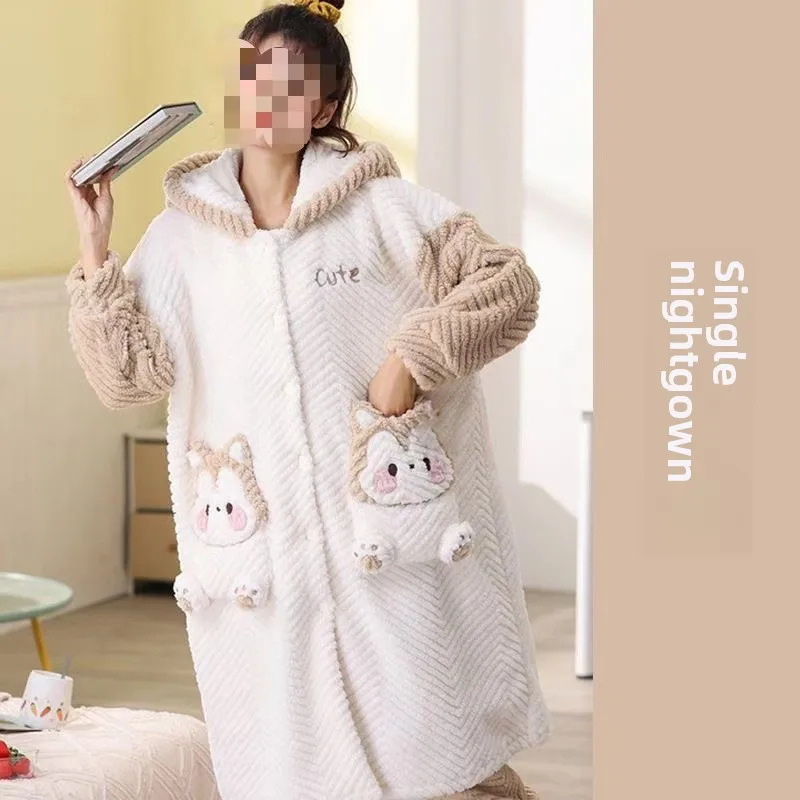 New Women\'s Autumn and Winter Plush Coral Velvet Nightgown Set Thickened Flannel Home Clothes Lingerie Quilted Pajamas Robe Bear