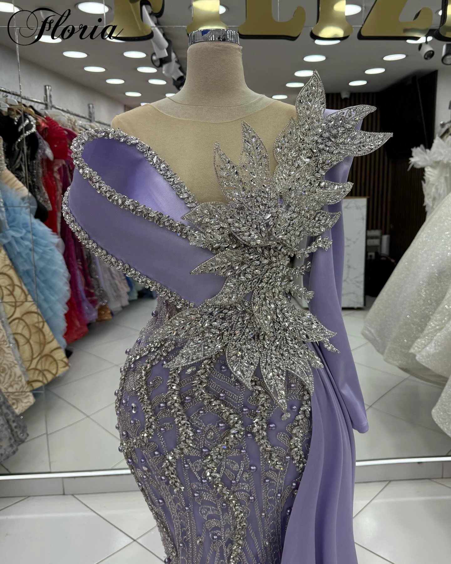 Lavendel Kristalle Prom Kleider Meerjungfrau Sheer Neck Eine Schulter Abendkleider Für Frauen Party Kleid Vestidos De Noche Angepasst