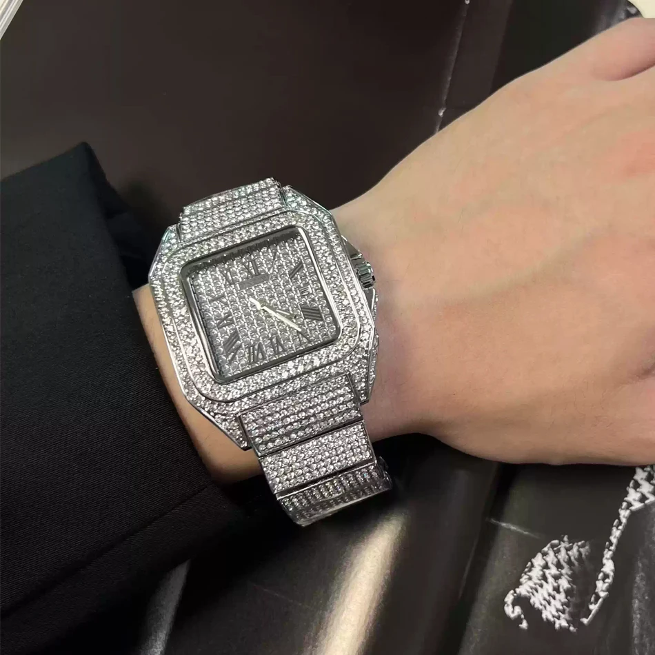 Gold or Black Watch Ice Out Square Wristwatch For Men Top Brand Luxury Full Diamond Mens Watches Waterproof Hip Hop Clock view 2