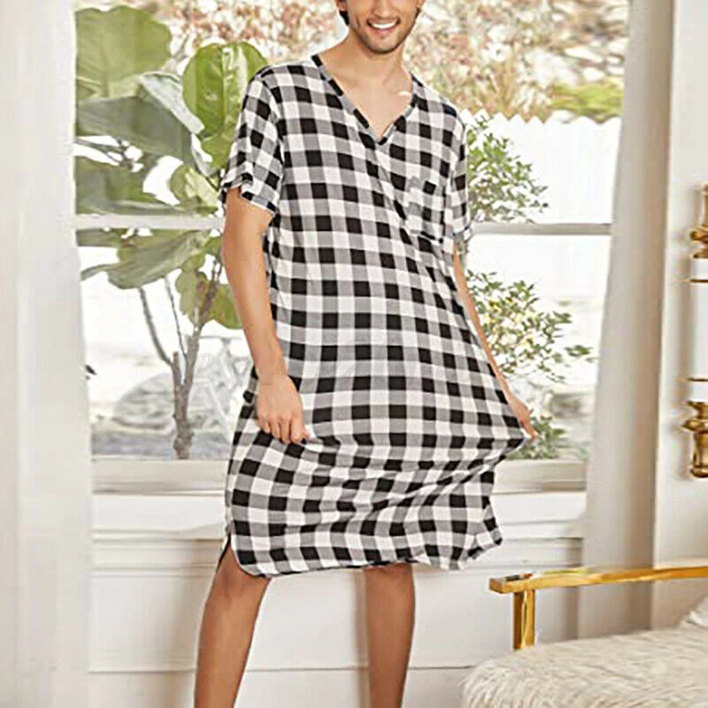 Cotton Plaid Sleep Robe Men Pajamas Short Sleeve V-neck Casual Homewear One-piece Comfortable Home Loose Bathrobe 2023