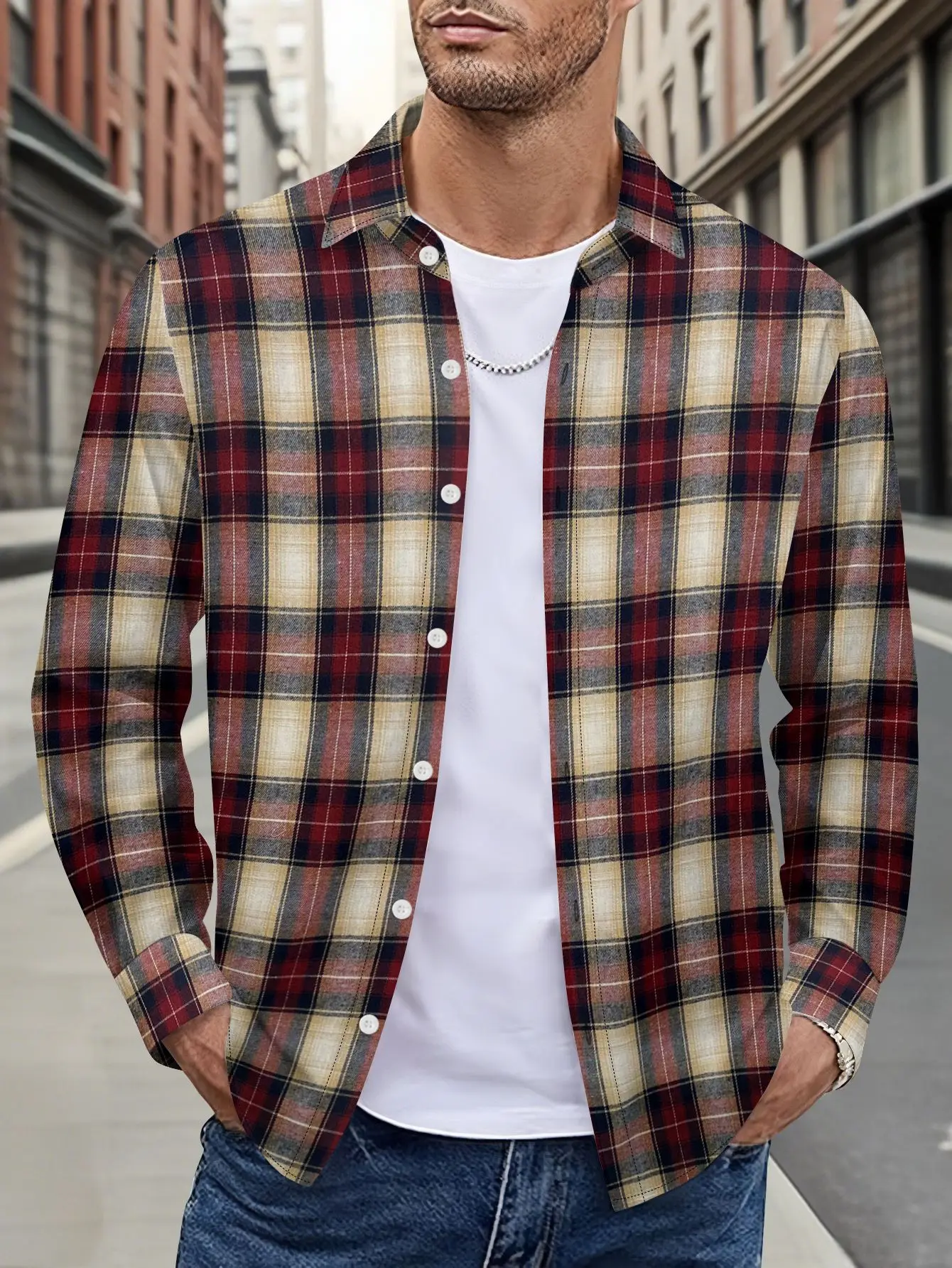 

Новая классическая мужская рубашка в клетку с длинными рукавами на осень и зиму с повседневным дизайном с лацканами
