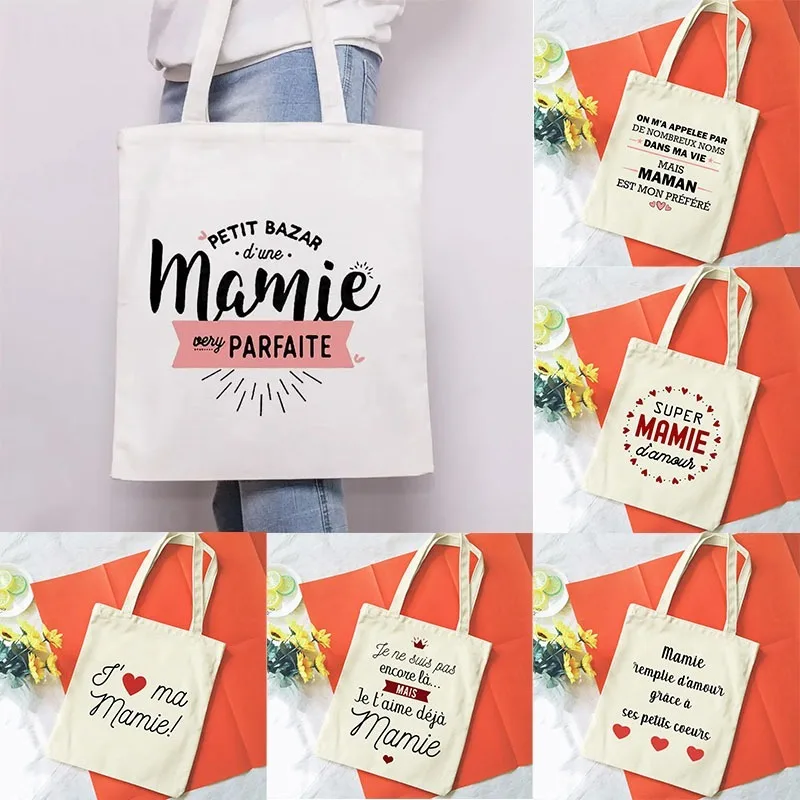 

Shoulder Bags French Mamie Print Canvas Female Women Shopping Totes Travel Handbags Eco Reusable Storage Pouch Gifts Vintage