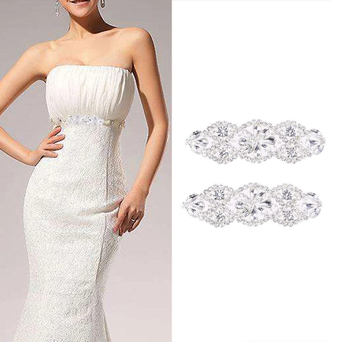 

2Pcs Bride Girdle Crystal Rhinestone Applique Beaded Decor for DIY Wedding Sash Belt Headband Veil Garter Neckline