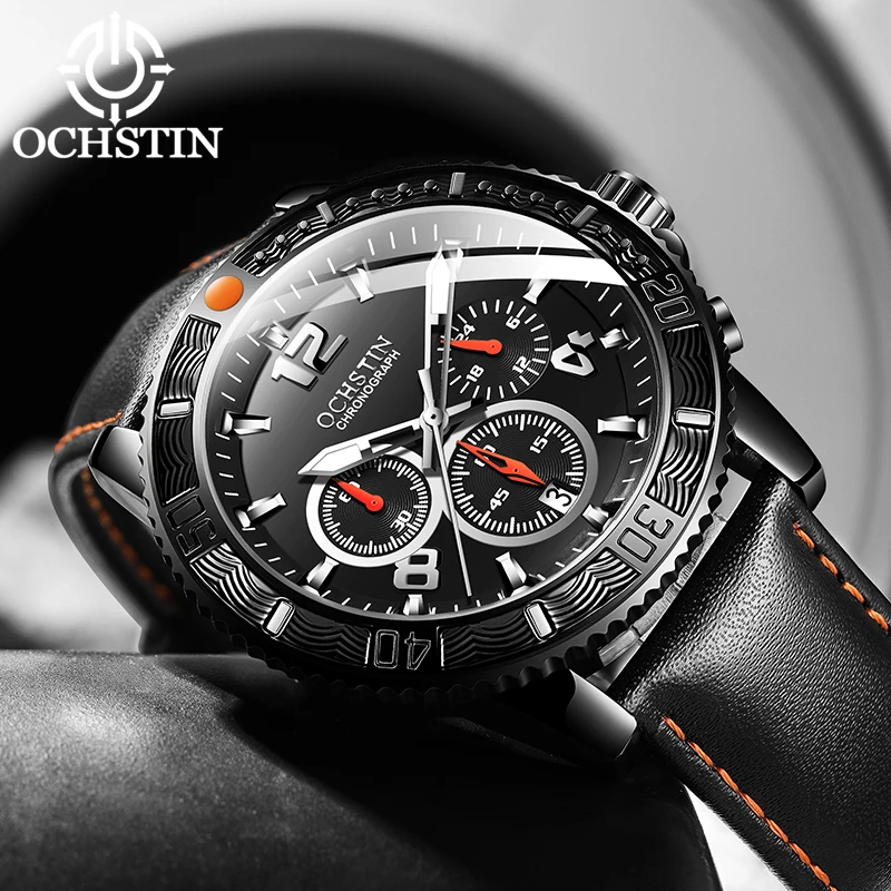 OCHSTIN-reloj deportivo de cuero para hombre, cronógrafo militar, resistente al agua, luminoso, de cuarzo, con fecha