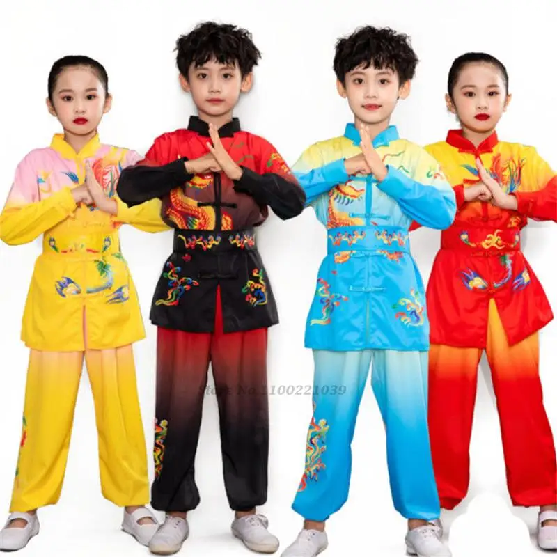 

2024 children chinese traditional wushu clothing kids martial arts uniform kung fu suit girls boys stage performance costume set