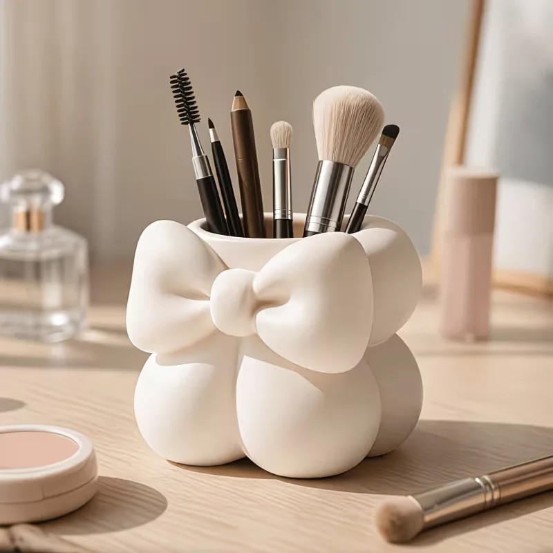 Bowknot Plastic Toothbrush Holder Multipurpose Vanity Organizer Cup Cute Bathroom Counter Storage for Toothbrush Makeup Brushes