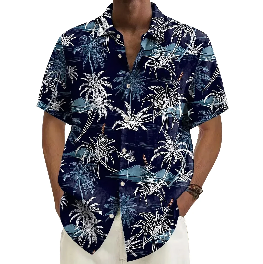 

Hawaiian style beach shirt with coconut tree print short sleeved shirt for men, fashionable and versatile vacation shirt T-shirt