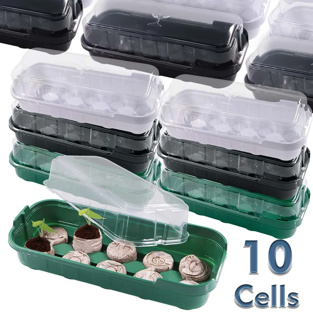 10 Cells Germination Box w/ Transparent Cover Nursery Seedling Trays Indoor Garden Greenhouse Growth Pots Starters Keep Humidity