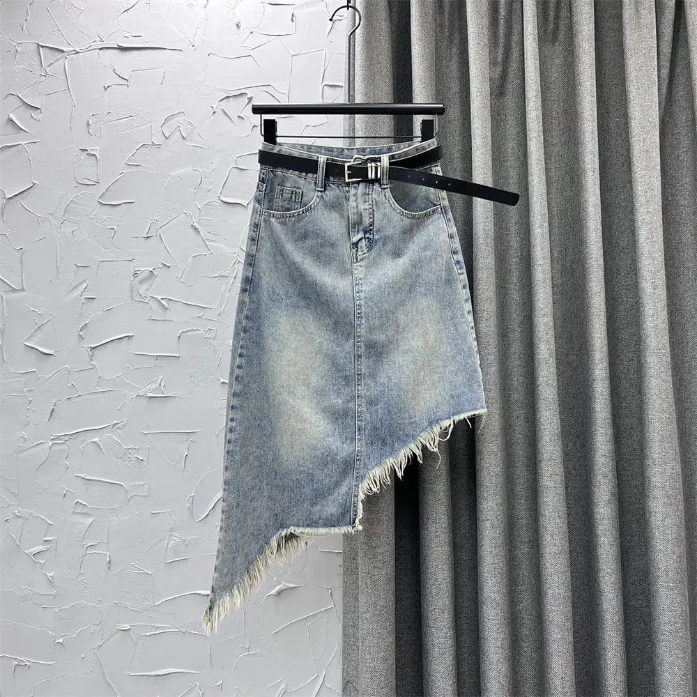 Female Jeans Skirts High Waist Fringe Midi Irregular Women's Denim Skirt Harajuku A Line Chic and Elegant Clothing Trend 2025