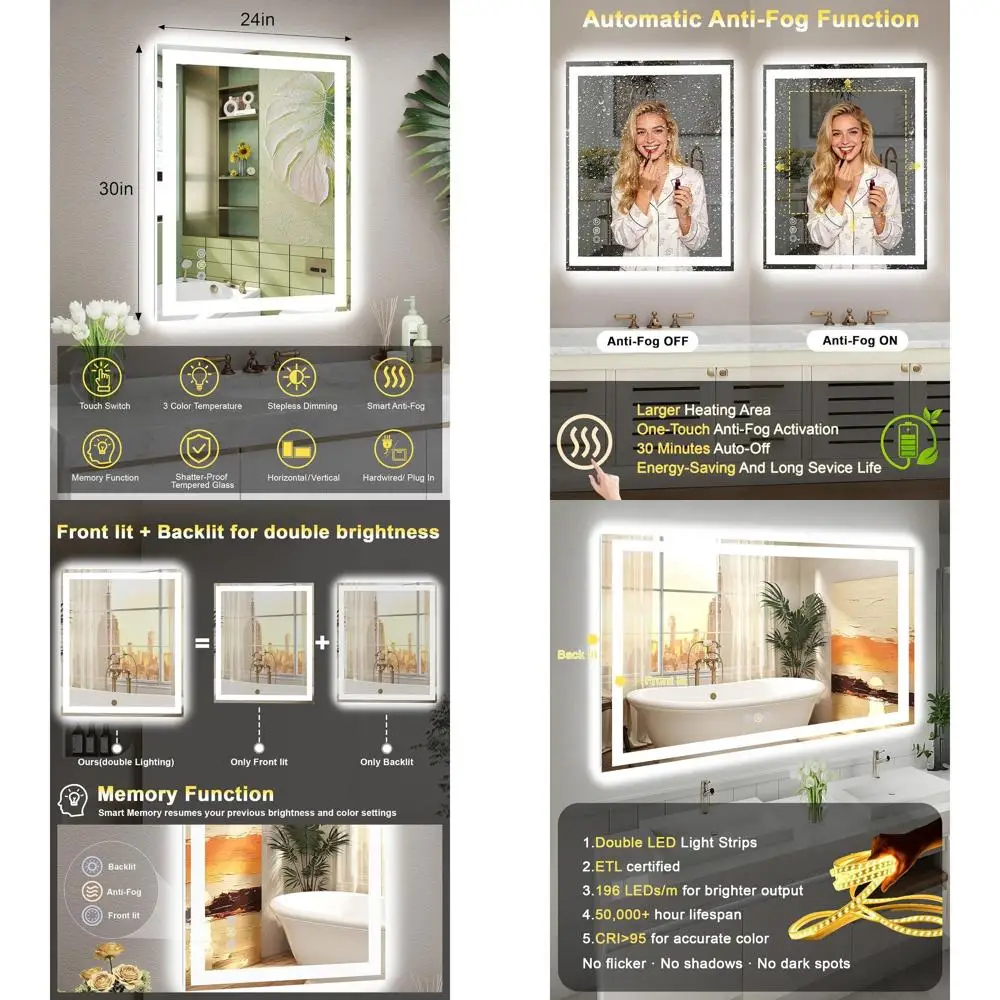 

Illuminated 24x30 Vanity Mirror with Front and Back Lighting, Anti-Fog and Memory Function, 5mm Tempered Glass, ETL Certified, H