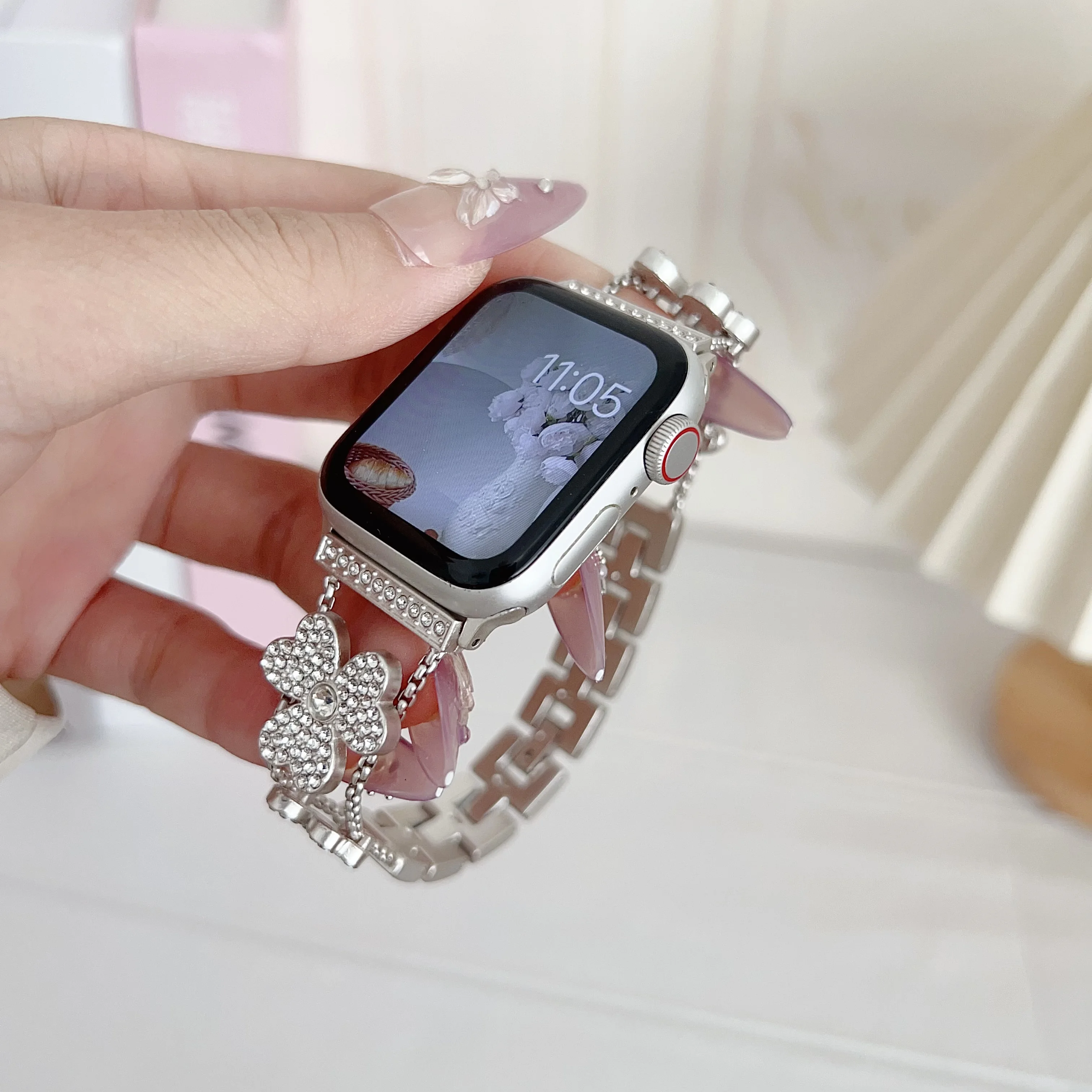 1 Piece Floral Inlaid Rhinestone Metal Watch Band, Compatible with Series 1-10 SE Ultra, Sizes 38-49mm (Watch Not Included)