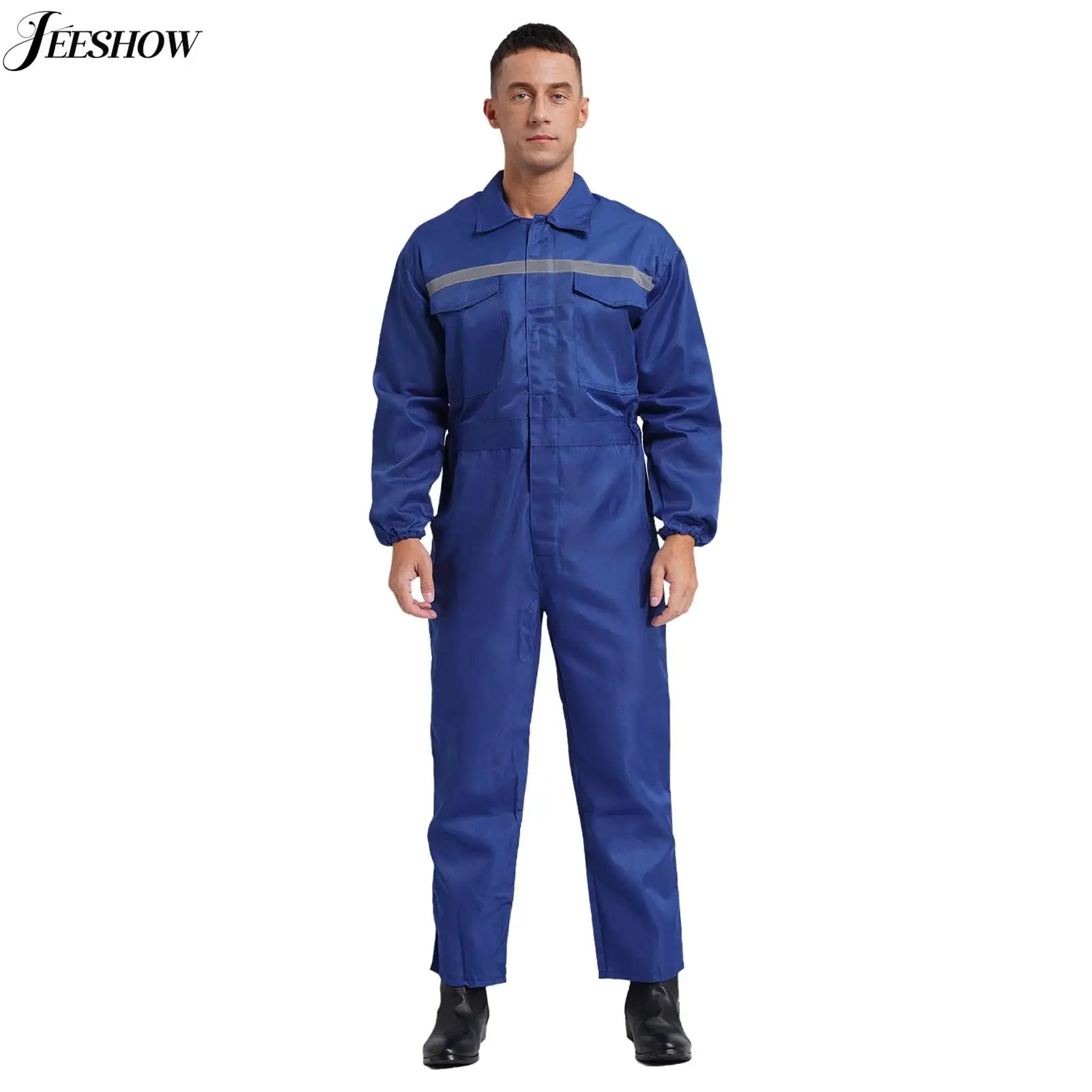 

Mens Reflective Stripe Coverall Wear Resistant Long Sleeve Jumpsuit Dungarees Dustproof Workwear for Factory Workshop Mechanic