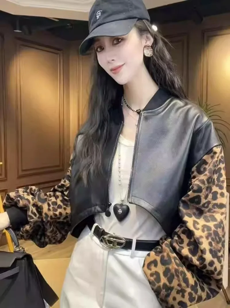 Women's Leopard Print Spliced PU Leather Jacket | Casual Short Coat for Spring Autumn | Female Outerwear J387