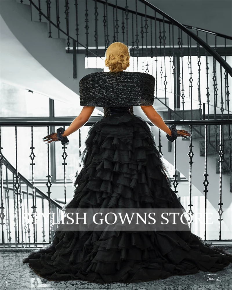 Aso Ebi สีดําชุดราตรีประดับด้วยเลื่อมรับจัดงานแต่งงานชุด Ruffles ชุดวันเกิดที่ถอดออกได้ Vestidos De Noche ที่กําหนดเอง