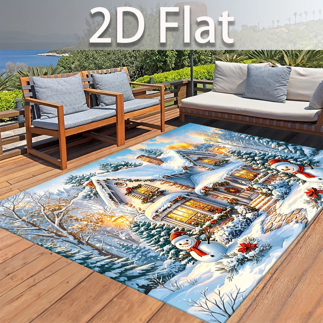 1pc 2D Flat Rectangular Snow House & Snowman Rug, Non-Slip Velvet Mat, Indoor & Outdoor for Living Room, Bedroom