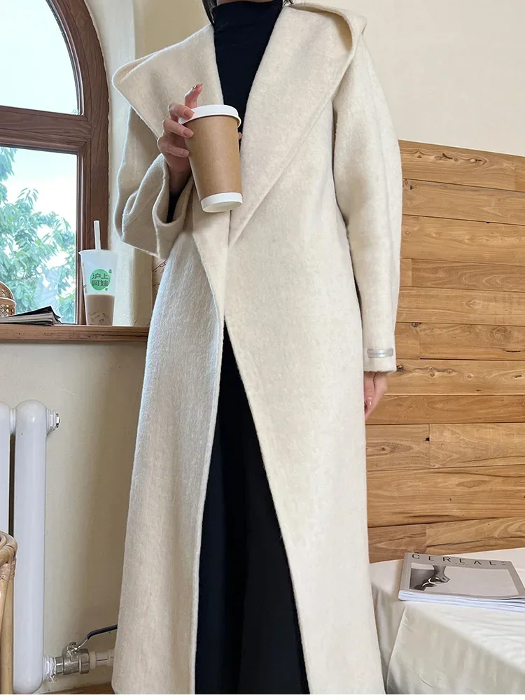 New Hooded 100% Natural Wool Coat Cape Women Mid-length Bathrobe Loose Lace-up Warm Woolen Coat Lady Fashion Fit Autumn Winter