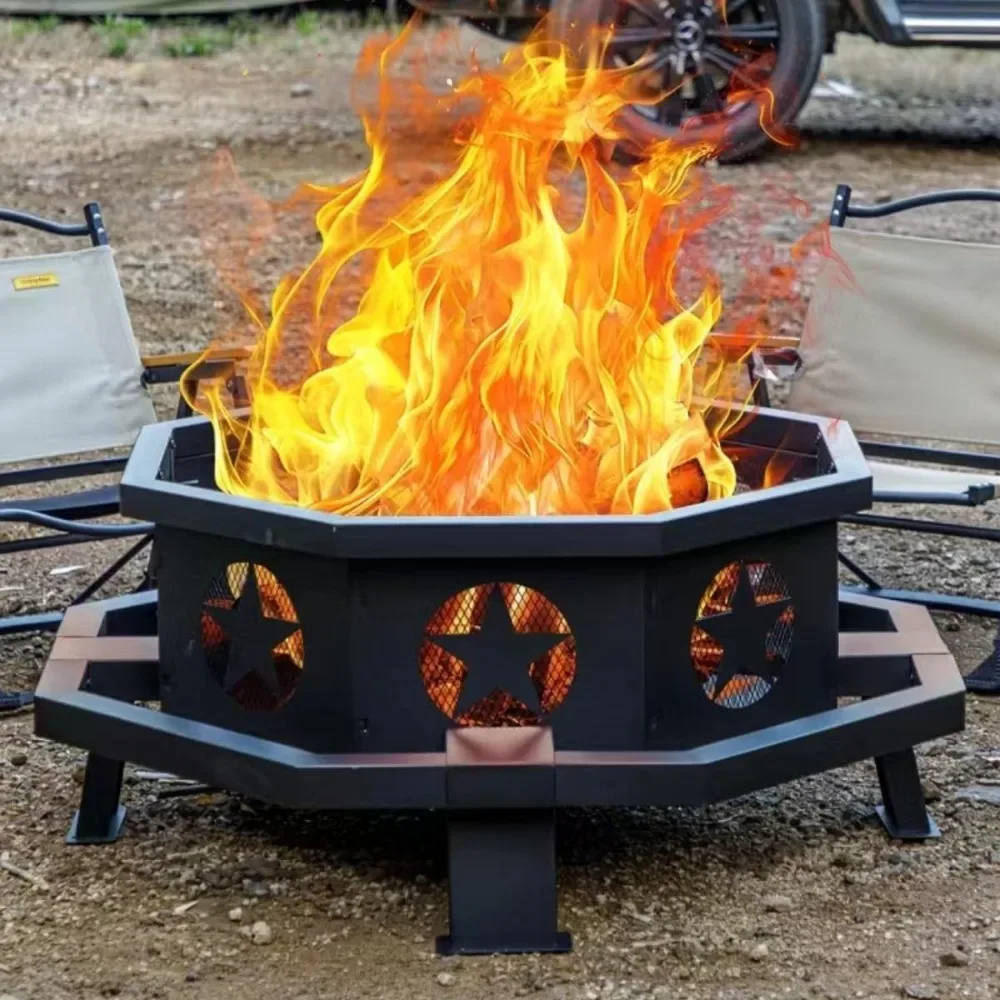 

Fire Pit for Outside, Heavy Duty Wood Burning Fire Pits with Fire Poker, Outdoor Octagonal Firepit for Camping, Yard