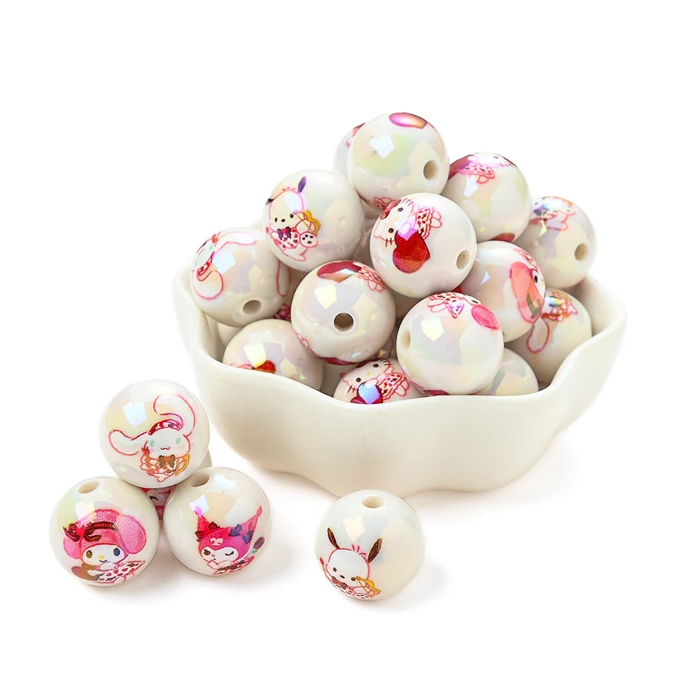 

10pcs Sanrio Hello Kitty Melody Pompompurin Printed Acrylic Round Loose Beads for Girls DIY Pacifiers Clip Keychain Jewelry Gift