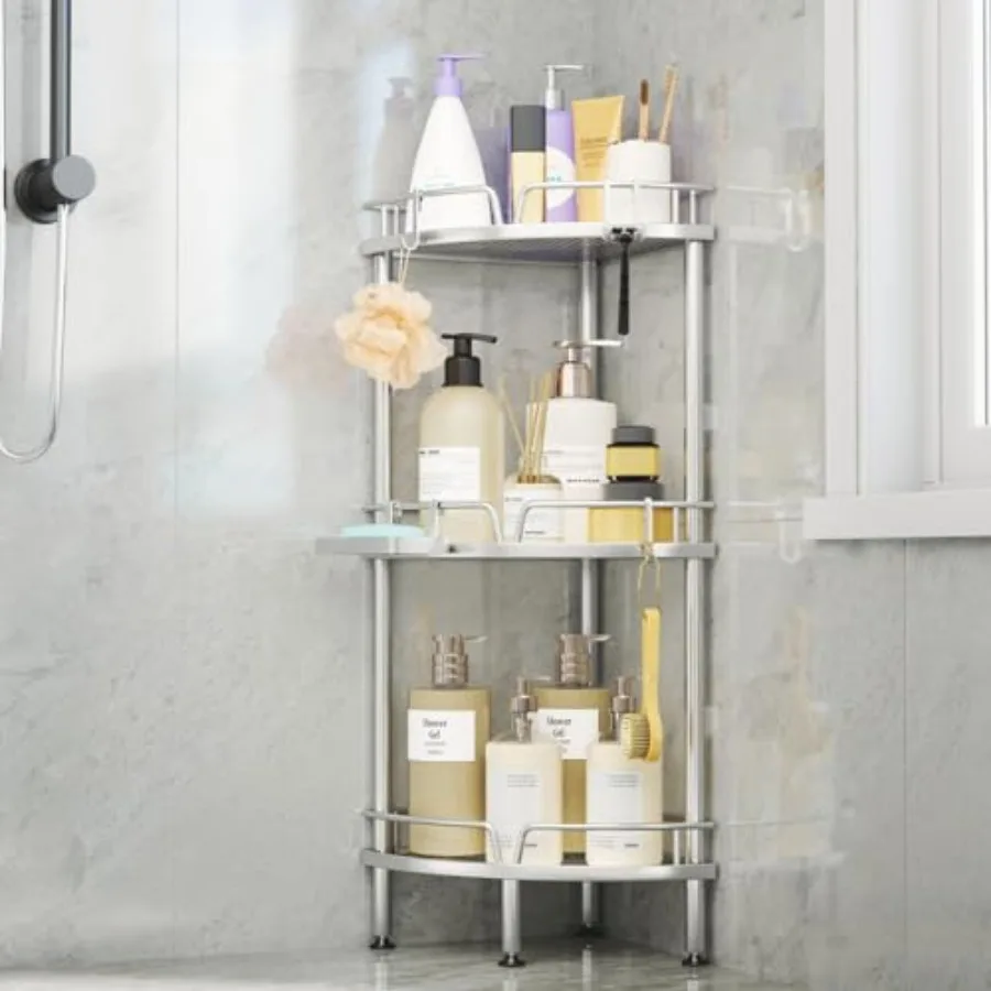 

Corner Shower Caddy Stand - Shower Organizer with Soap Holder Tall Floor Corner Shelf Standing with Adjustable Feet and Hooks S