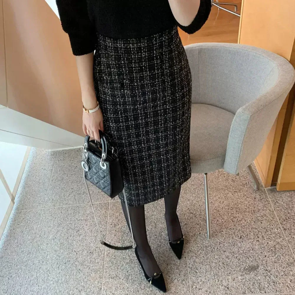 2023 Fall Winter Small Fragrant Wind Tweed Skirt Office Lady Mid-long High Waist Business Plaid Elegant Bag Hip One Step Skirt